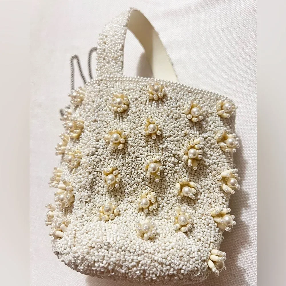 Zara Pearl Beaded Bucket Bag, Top Handle & Shoulder Chain Strap NWOT